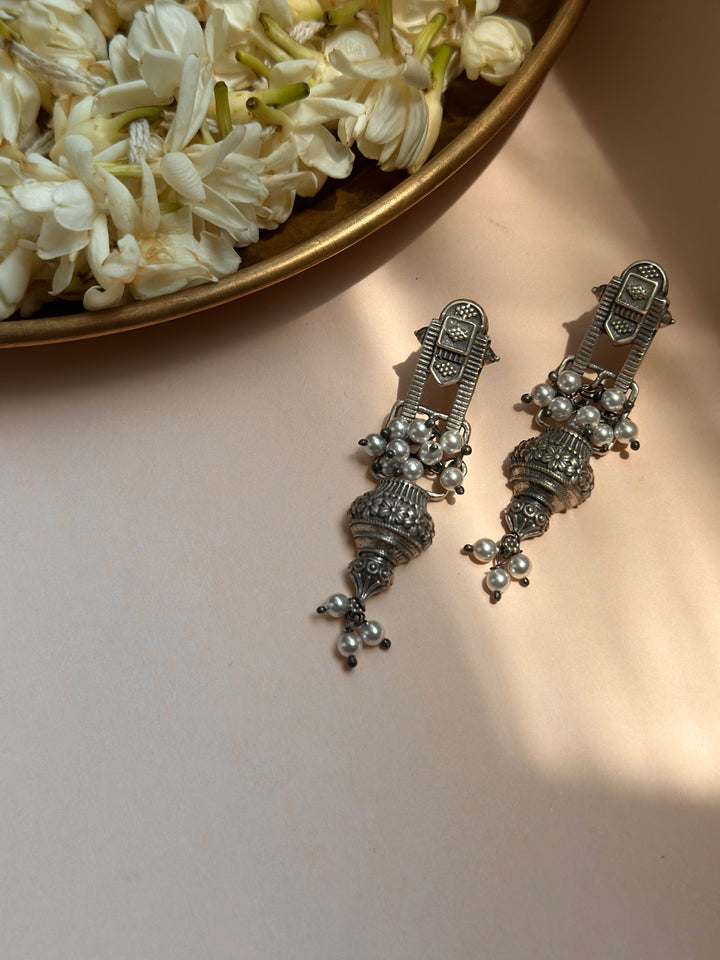 Temple-Inspired Silver Oxidised Earrings with Floral Jhumki Design