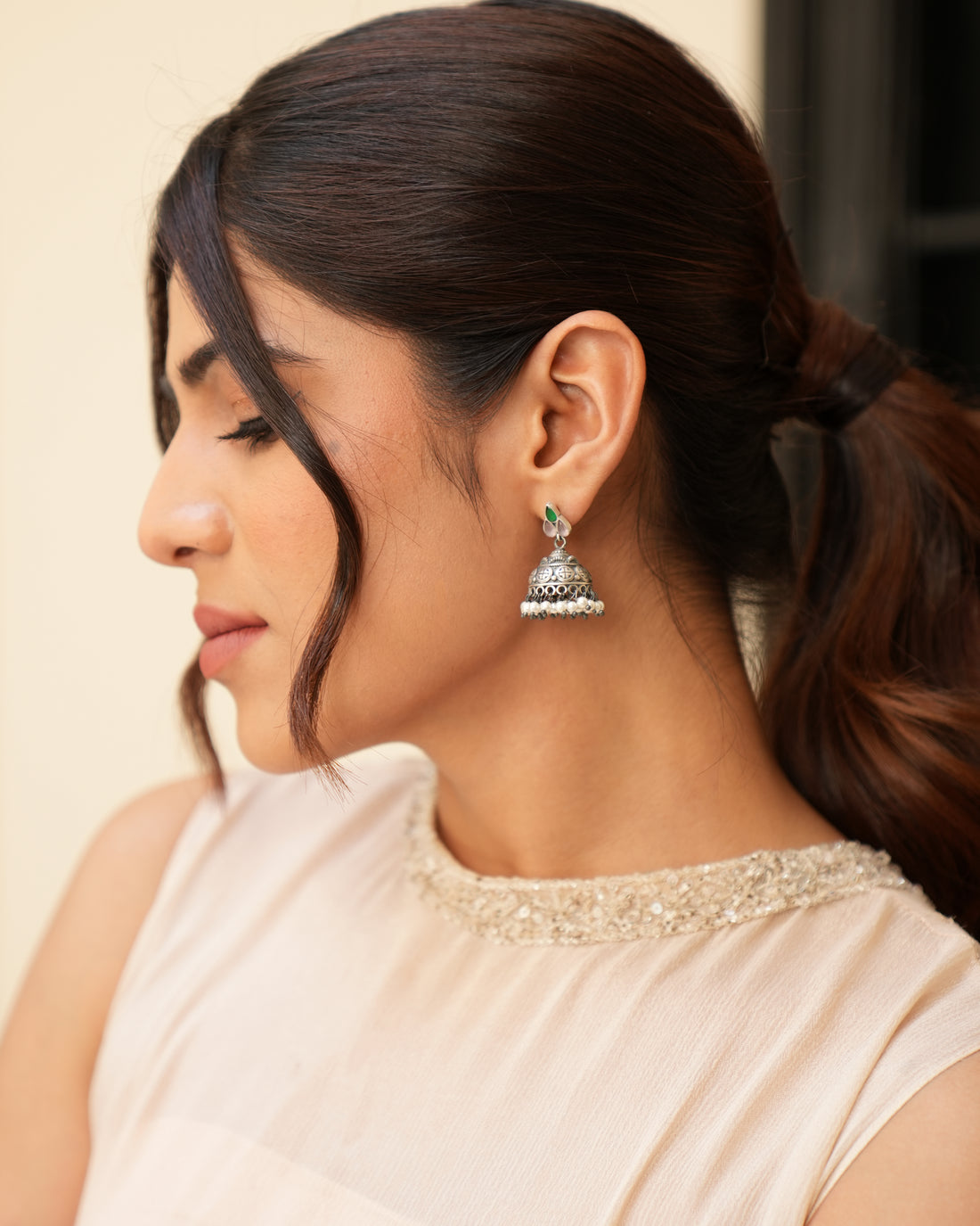 Minimal Oxidised Silver Earrings with Stones & Pearl Poai