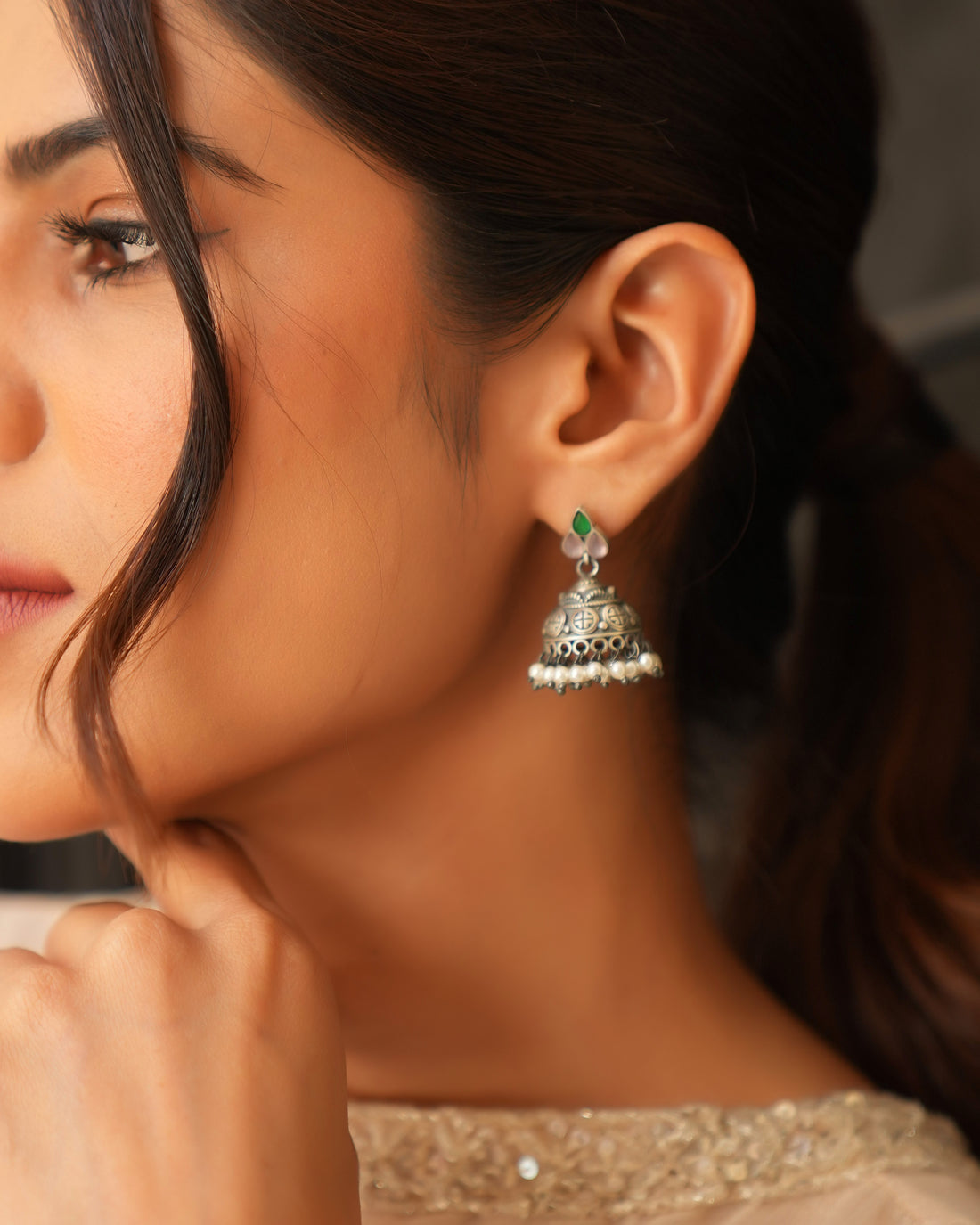 Minimal Oxidised Silver Earrings with Stones & Pearl Poai