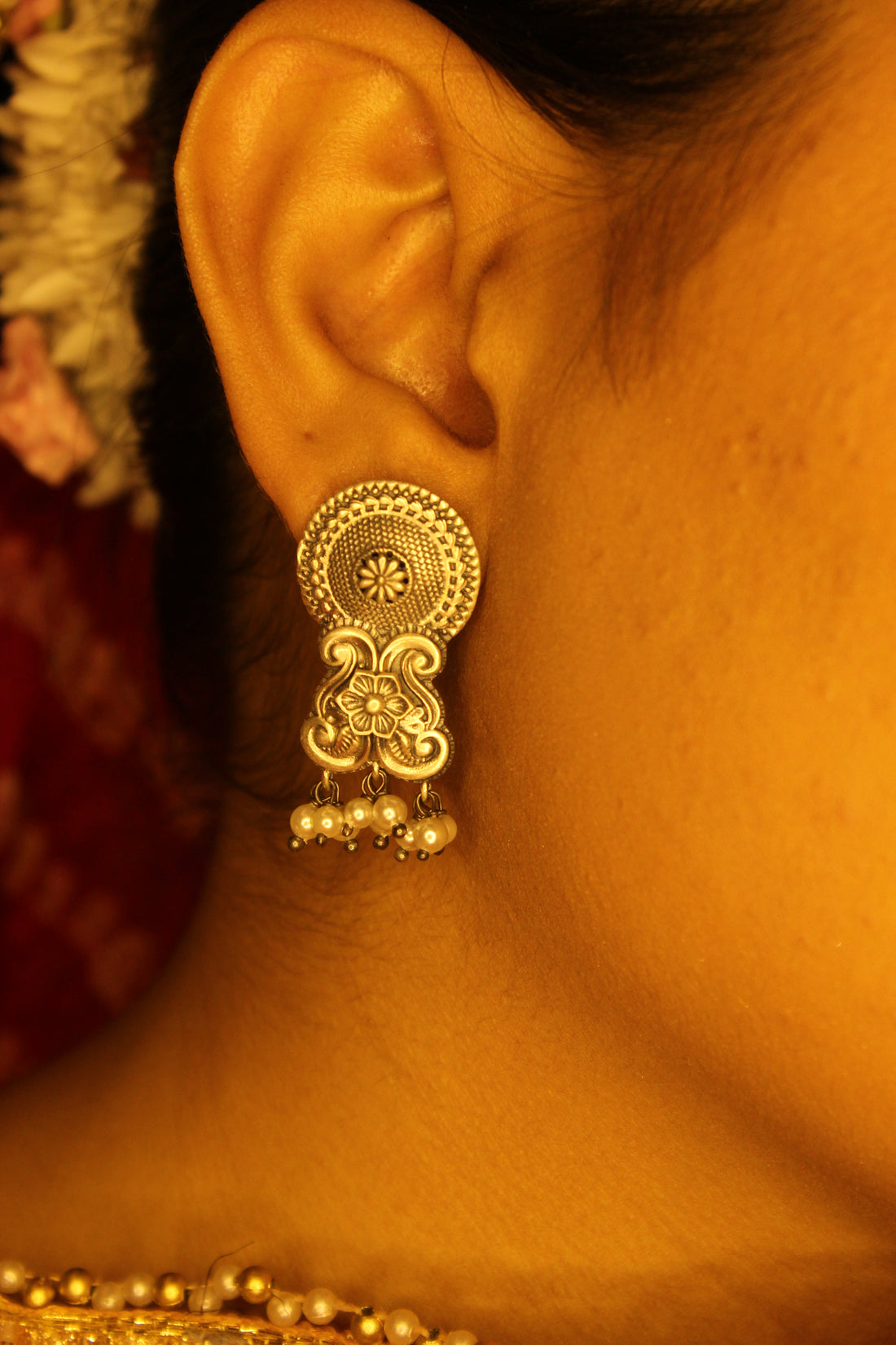 Floral Motif Silver Oxidised Earrings with Pearl Drops
