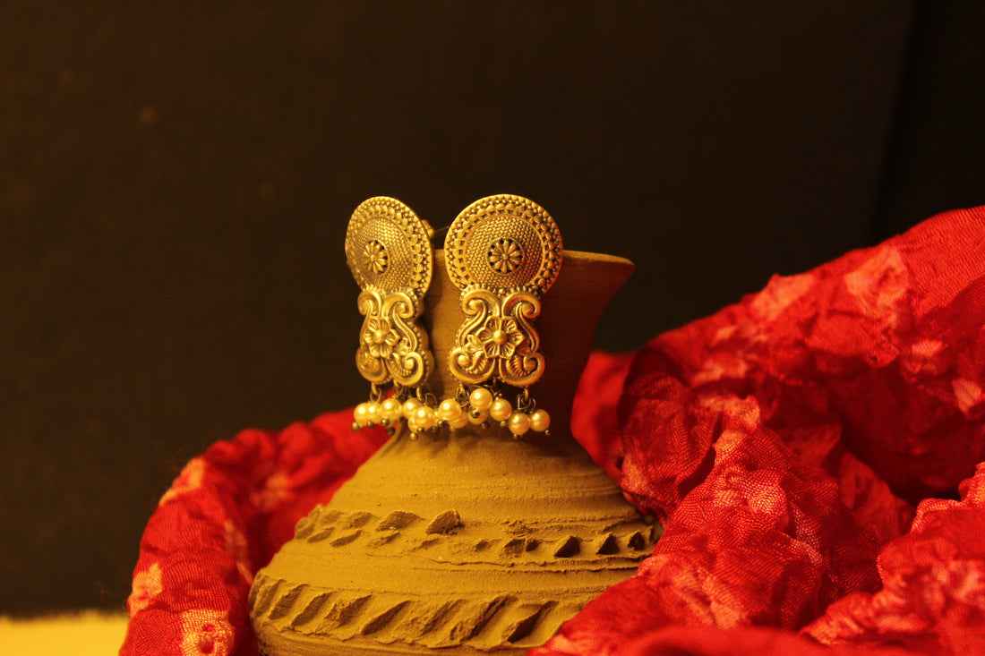 Floral Motif Silver Oxidised Earrings with Pearl Drops