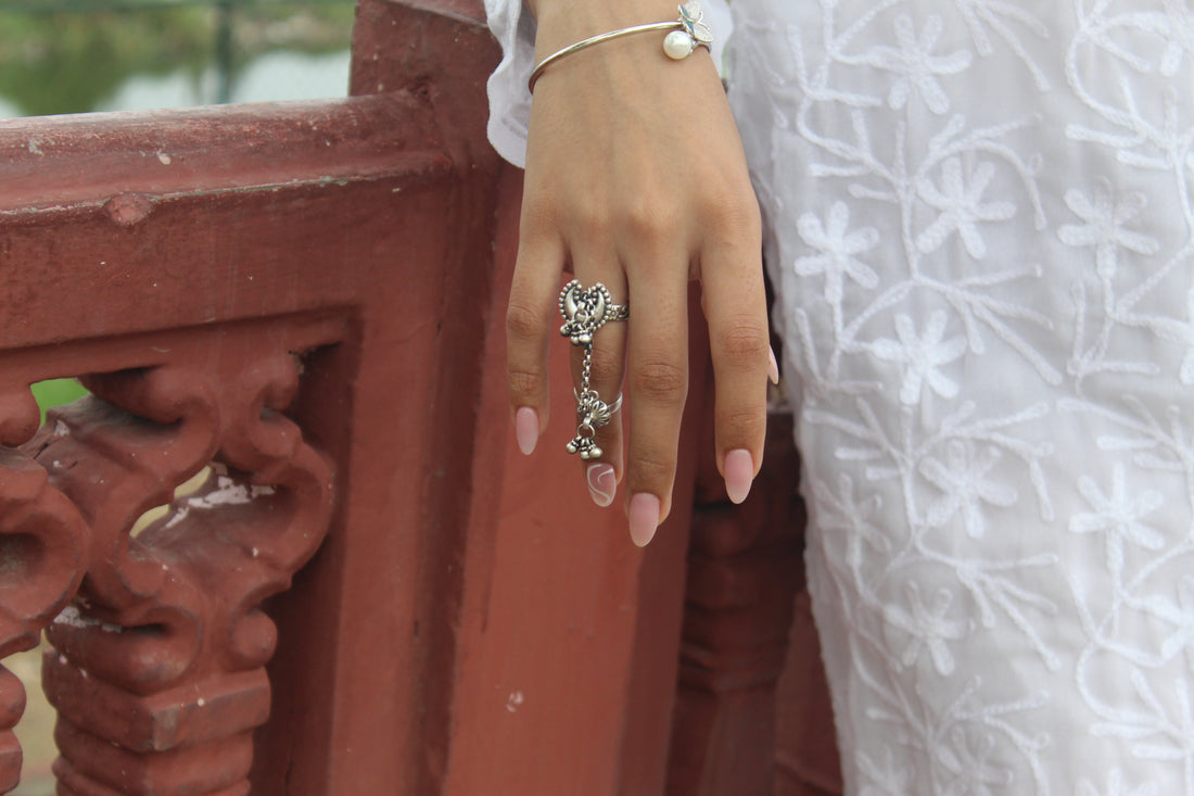 silver twin ring with moon and ghungroo 