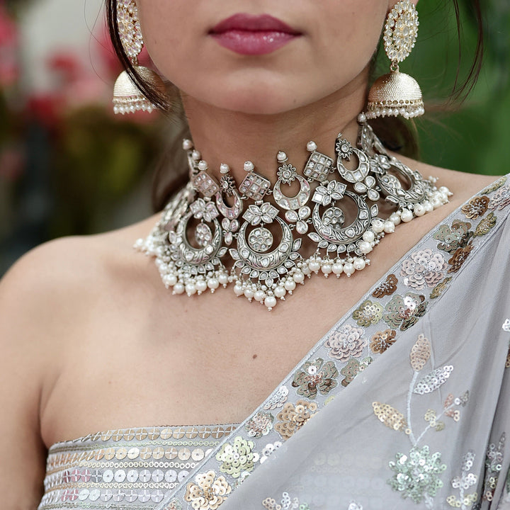 silver pearl oxidized necklace 