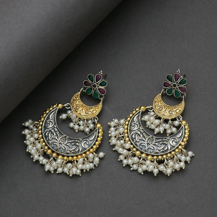 Dual Tone Silver Chandbali Earring