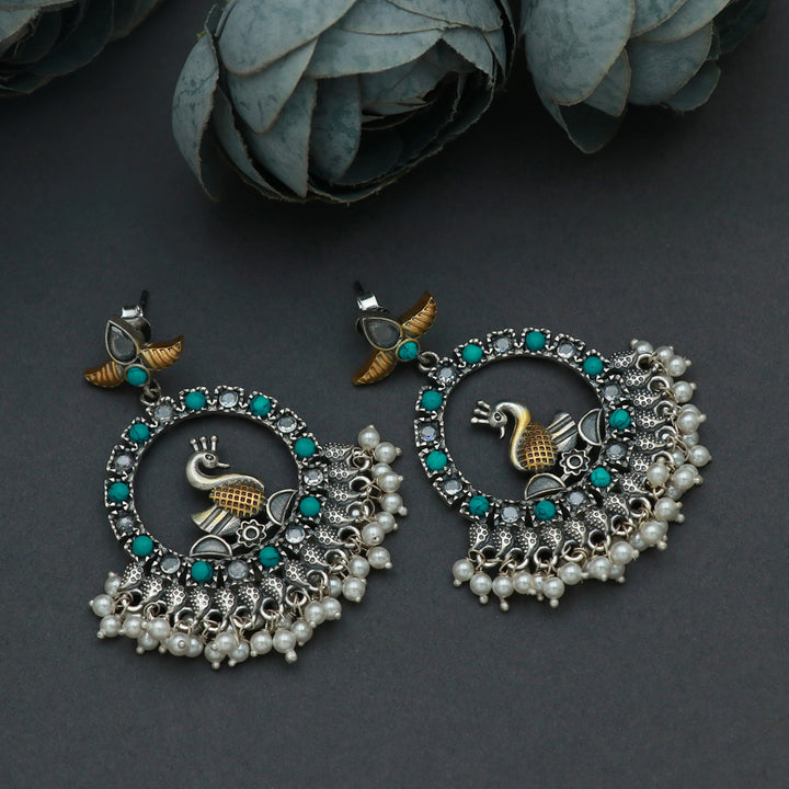 Silver Dual Tone Peacock Bali Shaped Earring