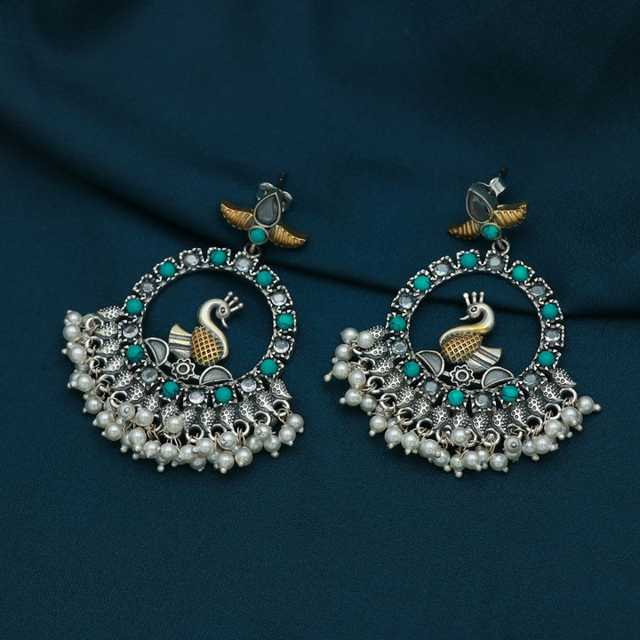 Silver Dual Tone Peacock Bali Shaped Earring