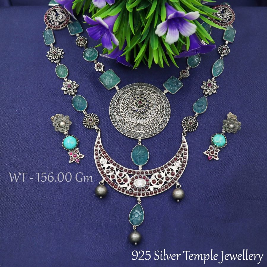 Ethnic Silver Oxidized Half Moon Shape Design With Blue Stone Jhumka Silver Necklace.