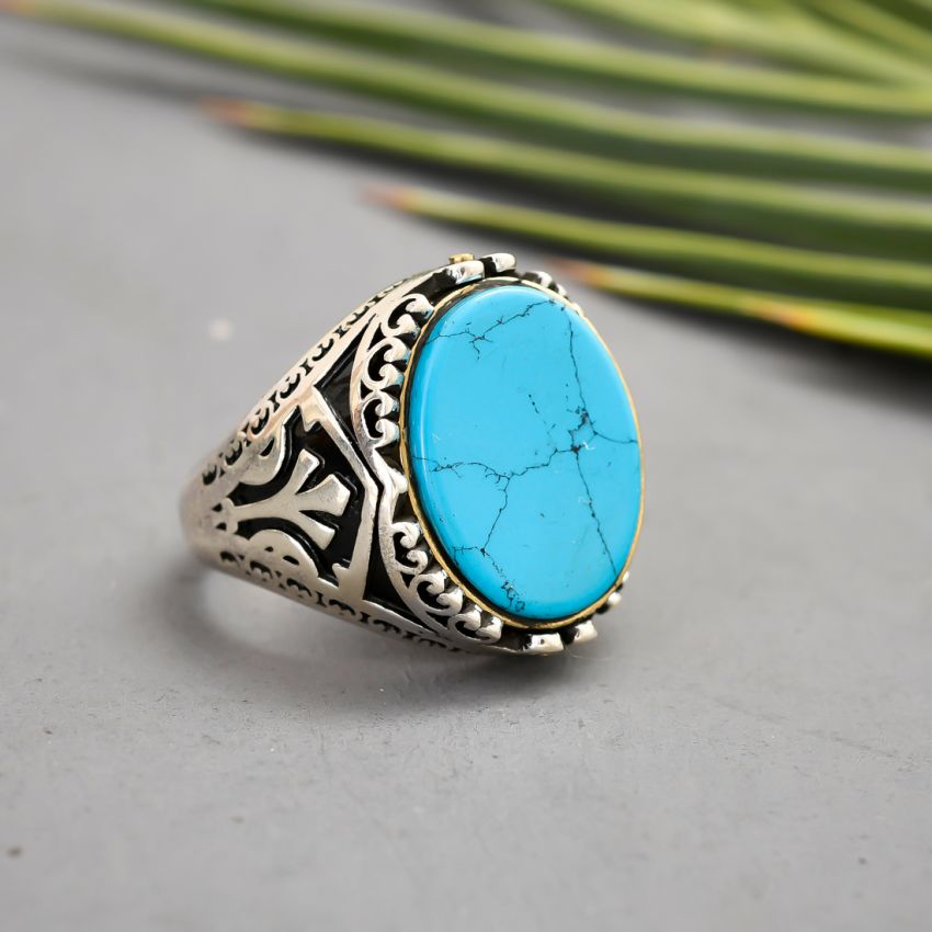 Engraved Turquoise Ring for Men Sterling Silver – Boho Magic Jewelry