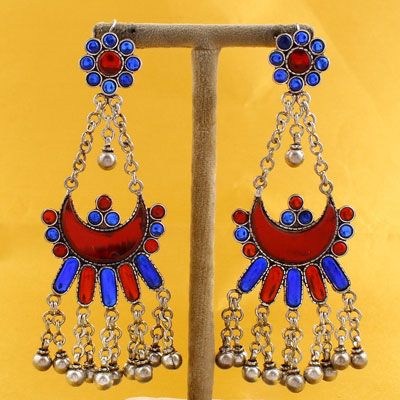 Afgani Style Red And Blue Oxidized Silver Dangler Halfmoon Shape Silver Earrings. 