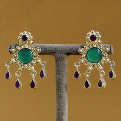 Handmade Pure Silver Oxidized Emerald Dangle Earrings.