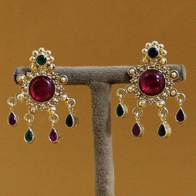 Gold Plated Ruby Pear Drop Emerald Stone Dangle Earrings.