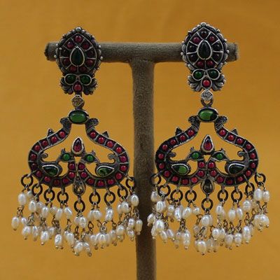 Oxidised Silver Temple Earrings