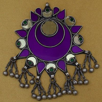 Antique Designed Colored Stone Silver Pendants With Ghungroo