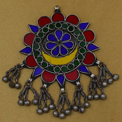 Round Flower Shape Multi Colored Silver Pendants With Ghungroo