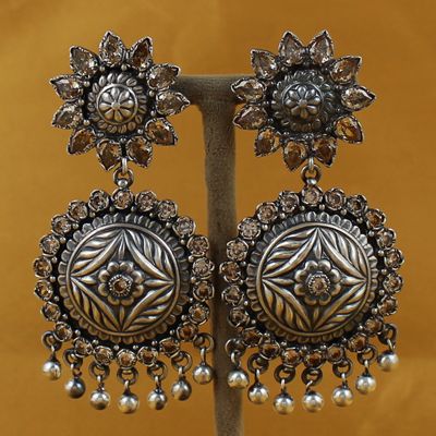 Coral Trendy Oxidized Floral Dangler Silver Earrings.