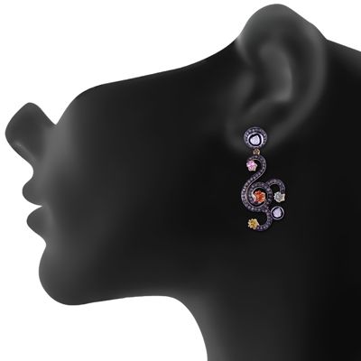 NATURAL DIAMONDS AND MULTI SAPPHIRE GEMSTONES STUDDED STERLING SILVER FINE EARRINGS