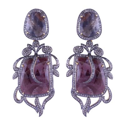 Sterling Silver Earrings With Uncut Diamond & Sapphire