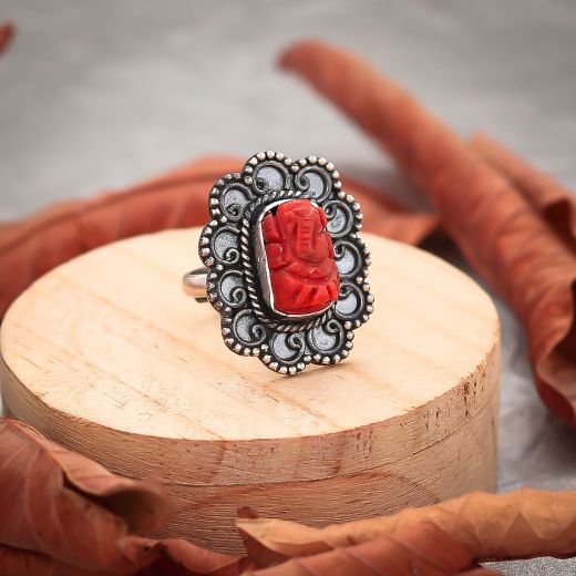 Traditional Red Carved Ganesha Oxidised Silver Ring
