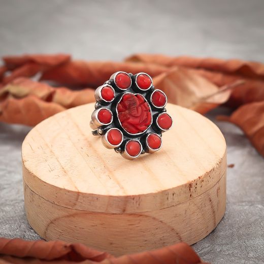 Red Ganesha Carved Pure Silver Ring