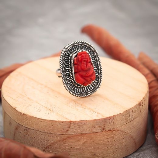 Red Carved Ganpati Design Silver Ring
