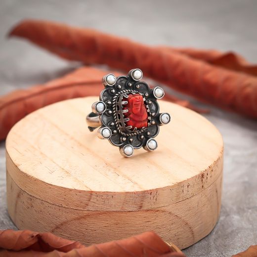 Handcraft Red Carving Ganesha Silver Ring