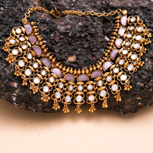 Gold Polish Silver Necklace With Kundan