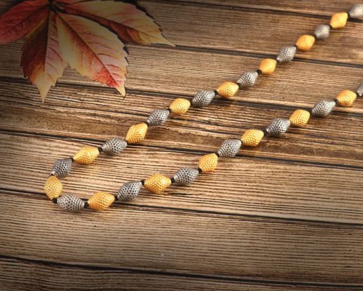 Dual Tone Silver Textured Dholki Beads Necklace