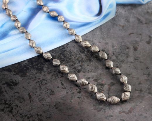 Oxidised Silver Textured Dholki Beads Necklace