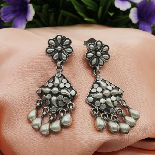 Splendid Floral Oxidized Silver Earrings