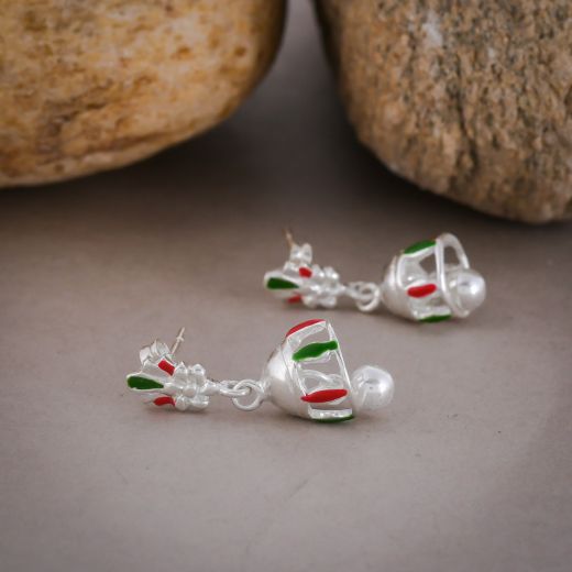 Plain mini silver jhumka with silver bell in red and green color