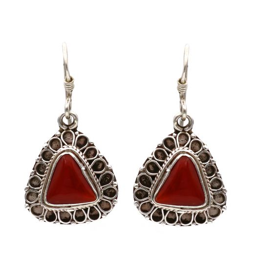 Triangle Shape Red Stone Silver Earrings