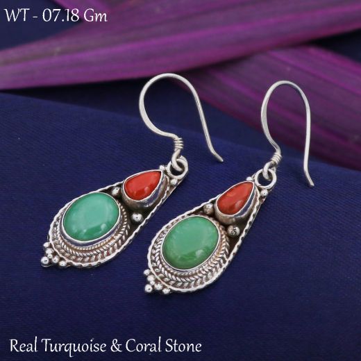 Drop Shape Silver Earrings With Red And Green Stone.