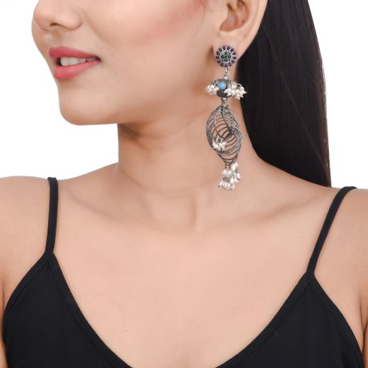 Oxidised silver earrings in multi rings design