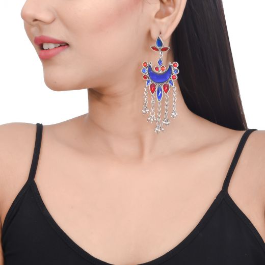 Pure silver earrings with blue and red glass work