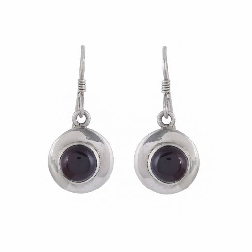 Round shape silver earring with round red garnet
