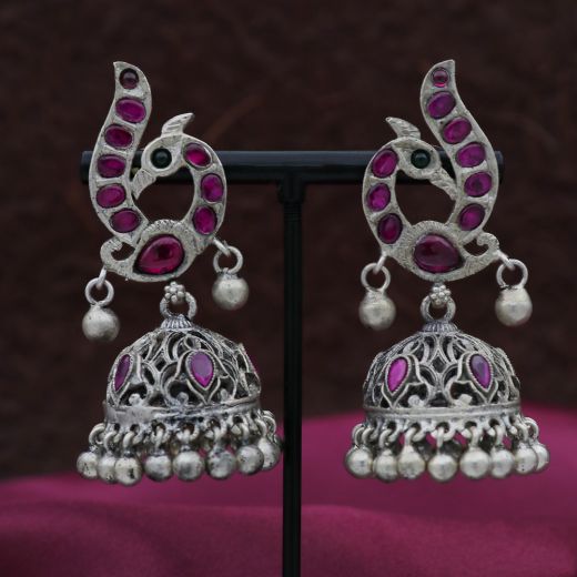 Peacock Design Silver Jhumka With Beautiful Pink Stones