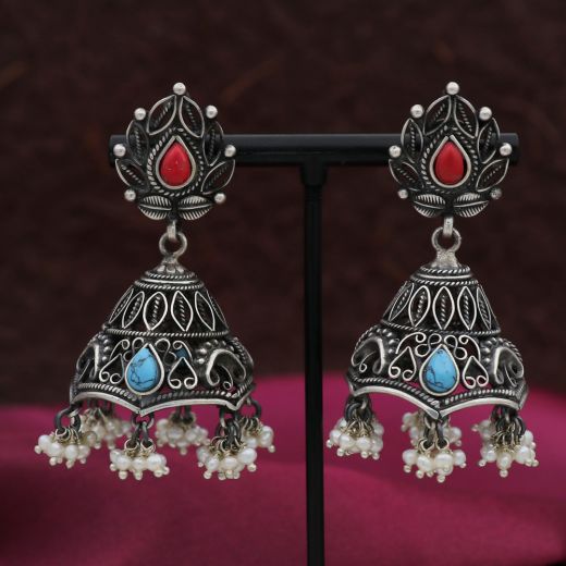 Floral Design Silver Jhumka With Pure White Pearls 