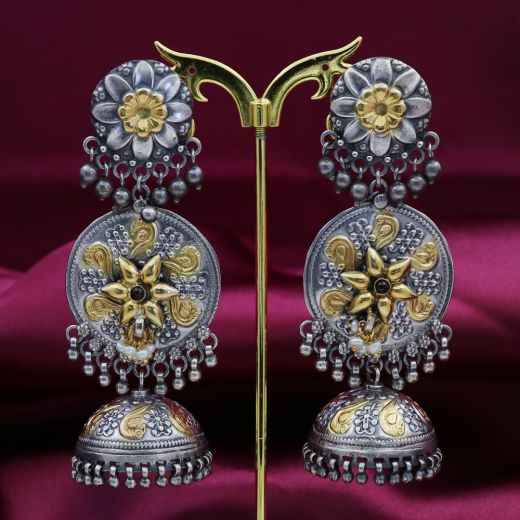 Peacock With Floral Pattern Silver Jhumka