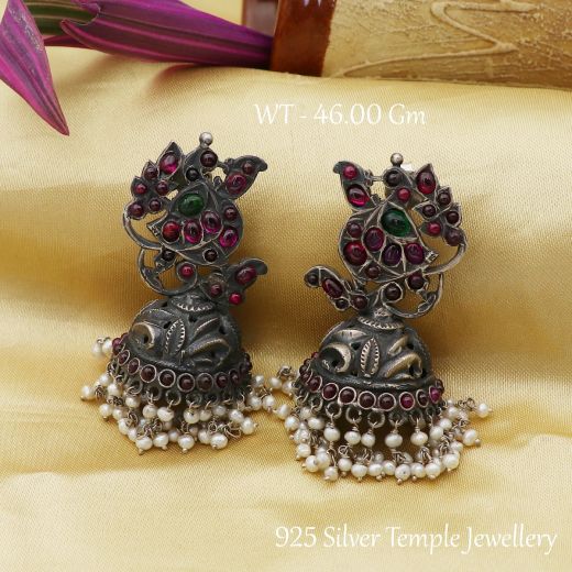 Temple Silver Oxidized Peacock Shape Design With Bead Silver Jhumka.