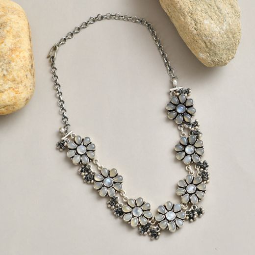 Mirror Flower Choker Oxidized Beads Sterling Silver Necklace.