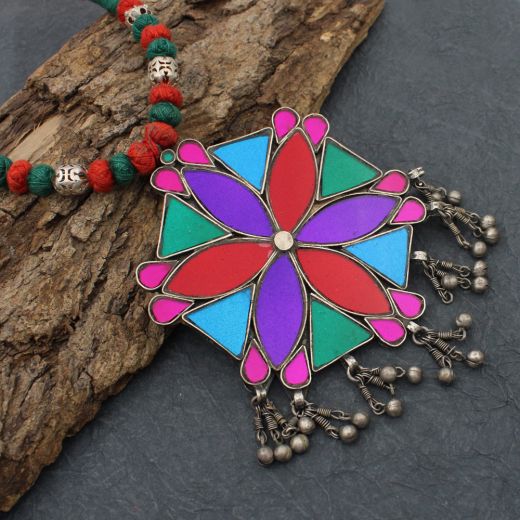 Indian Heritage Round With Mix Color Of Stone Silver Handmade Necklace.