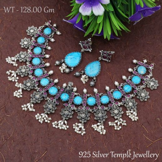 Antique Dual Tone Brass Base Sterling Silver Necklace With Jhumka Blue Crystal Stone.