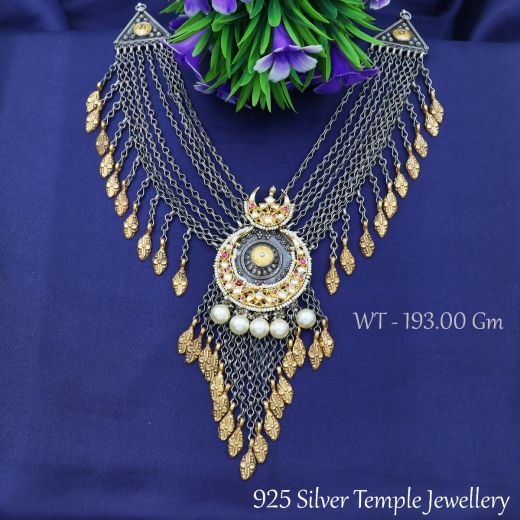 Exquisite Antique Gold Tone Halfmoon Shape Design With Beads Silver Necklace.