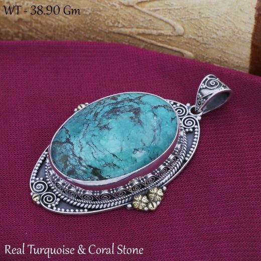 Sterling Silver Turquoise Pendants Oval Shape With Sky Blue Stone.