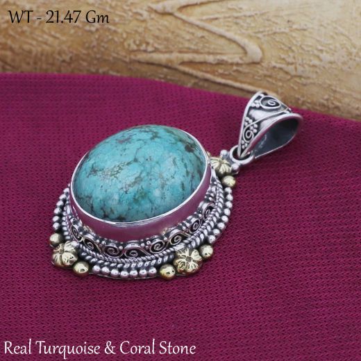 925 Sterling Silver And Oxidized Studded Tribal Pendant With Blue Stone.