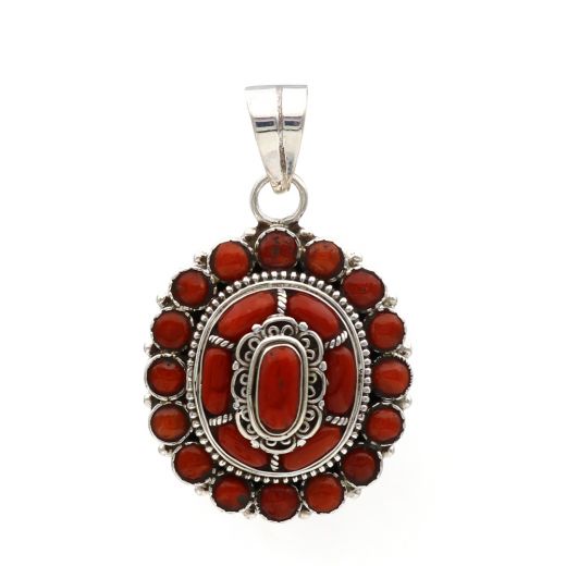  925 Sterling Silver And Round Shape Pendant With Red Stone.