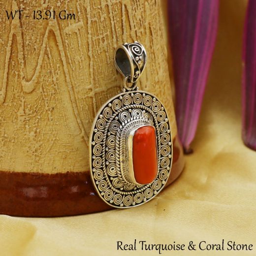 Sterling Silver Red Coral Hand Cut Pendant With Red Stone.