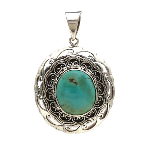 Handmade Antique Silver Pendant Oval Shape With Blue Stone 