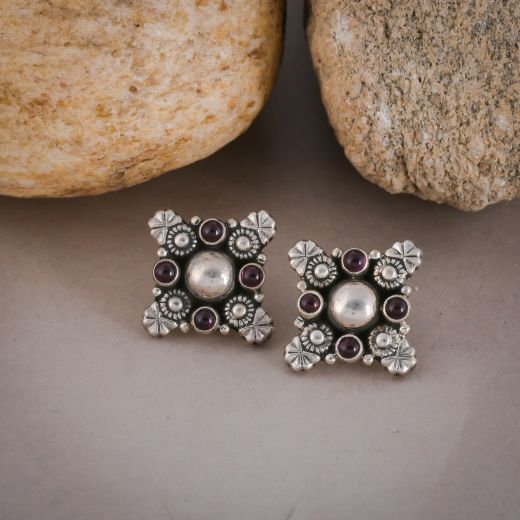 Oxidised silver stud with round pink stone