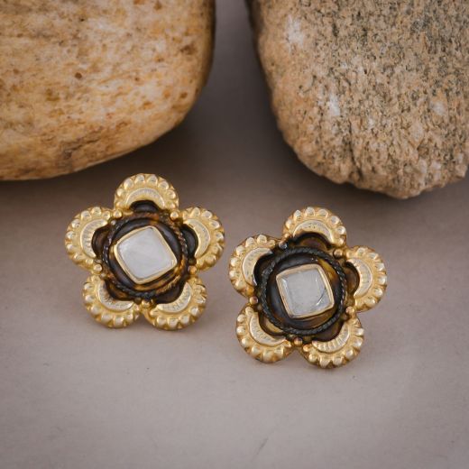 Gold tone Flower shape silver stud with white stone